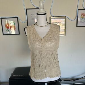 Beige Crochet Sleeveless Cardigan
